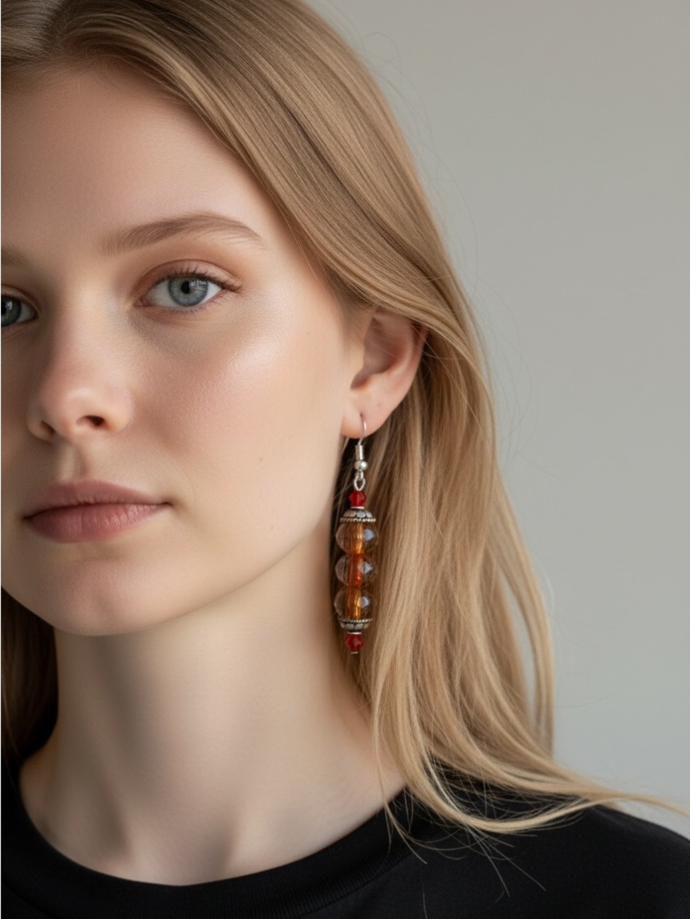 9/24 Handcrafted Amber Bead Dangle Earrings - Brown
